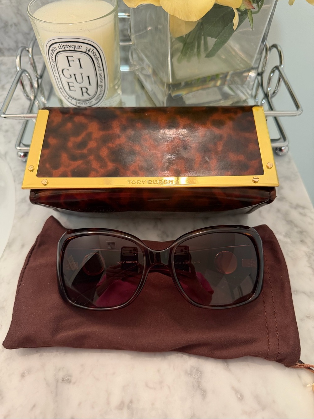 Tory Burch Tortoiseshell Frame Sunglasses with Gold Trim